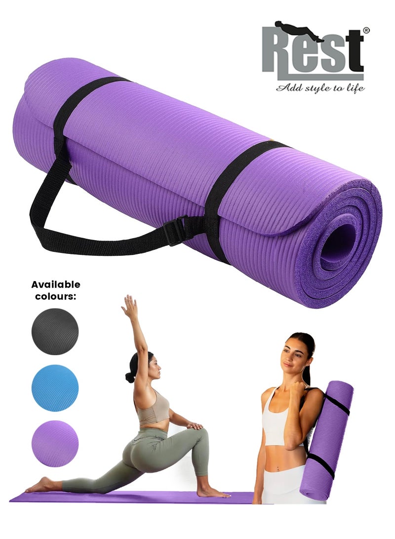 REST Yoga Mat Non Slip, Yoga Mat with Strap Included 10mm Thick Exercise Mat Ideal for HiiT, Pilates, Yoga and Many Other Home Workouts, Purple - Image 1